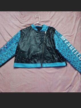 Dooney & Bourke Black Faux Leather Jacket with Blue Leopard Sleeves
